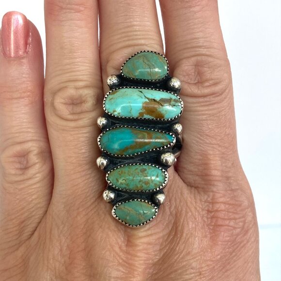 VTG Sterling Silver 925 LS Larry Sandoval Huge Unisex Turquoise Knuckle Ring - Picture 1 of 16